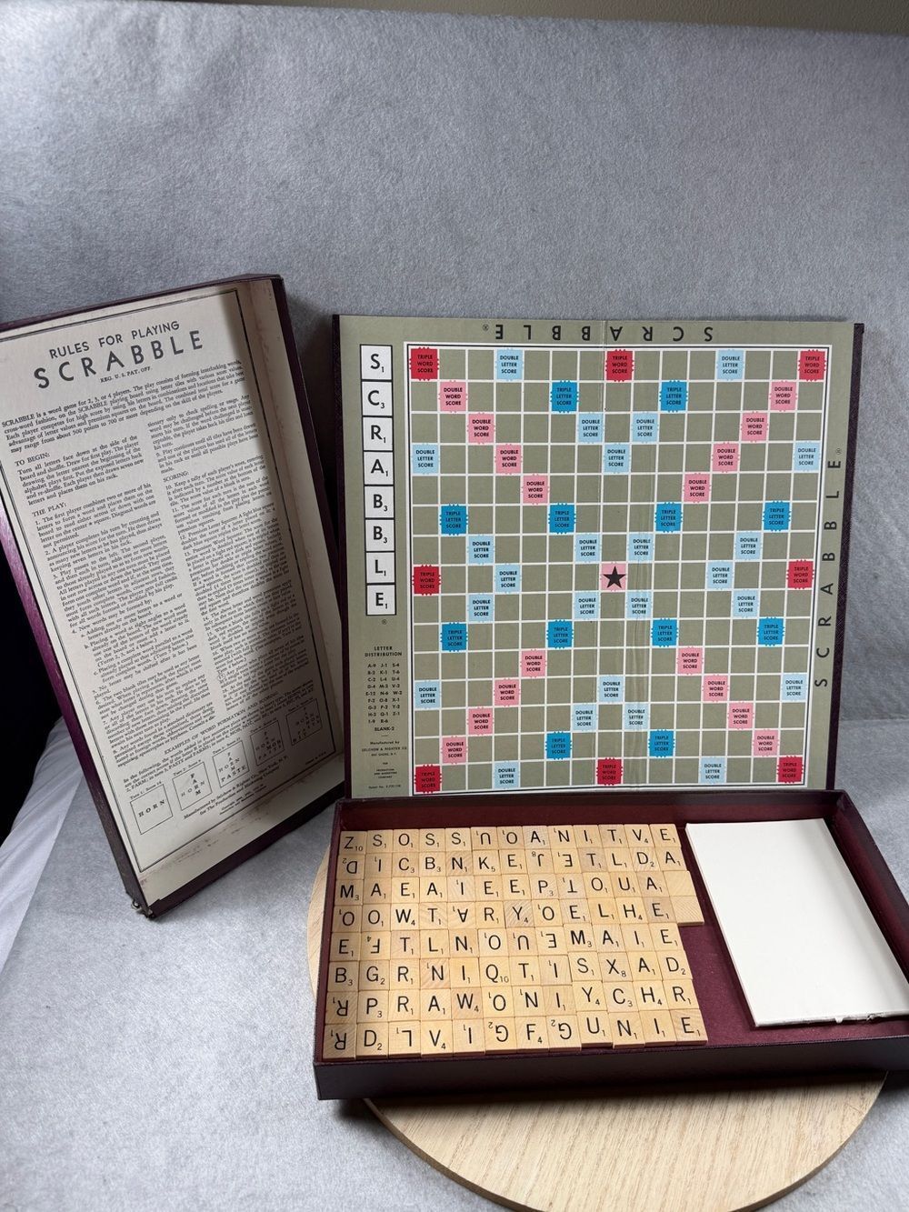 VTG 1953 Scrabble Board Game Wood Letter Tiles Dark Red OG Box & Manual In Lid